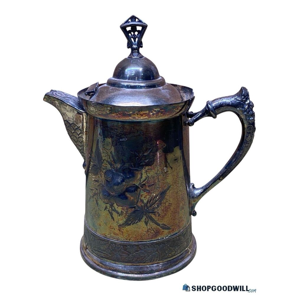 Victorian Silverplate Water Pitcher Lion Spout Repoussé Floral c.1880s